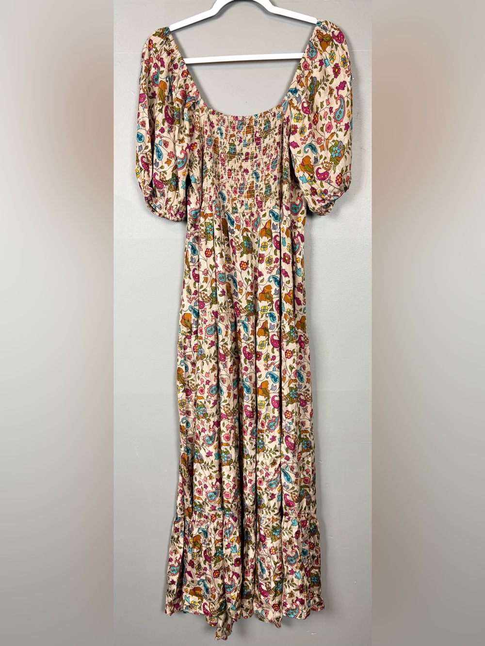 Natural Life Floral Satiny Flowy Stretchy Smocked Tiered Button Down Maxi Dress - Picture 3 of 12